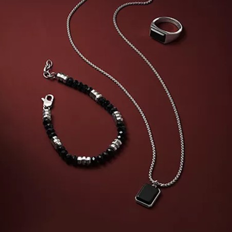 Bracelet perles homme 19cm fossil all stacked up acier argenté agates noires – beads