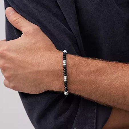 Bracelet perles homme 19cm fossil all stacked up acier argenté agates noires – beads