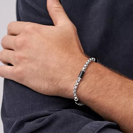 Bracelet homme 19cm fossil all stacked up acier argenté agates noires – bracelets homme