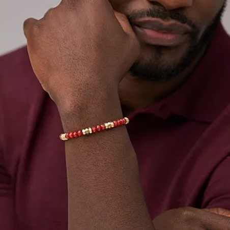 Bracelet perles homme 19cm fossil all stacked up acier doré agates rouge – beads