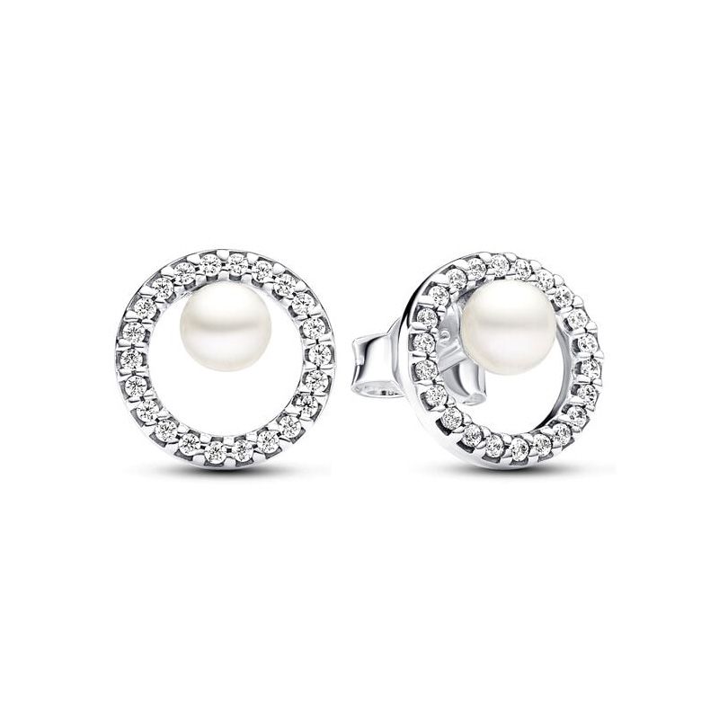 Boucles d'oreilles femme puces pandora argent 925/1000 perle de culture d'eau douce traitée & halo pavé  293154c01 - puces - edora