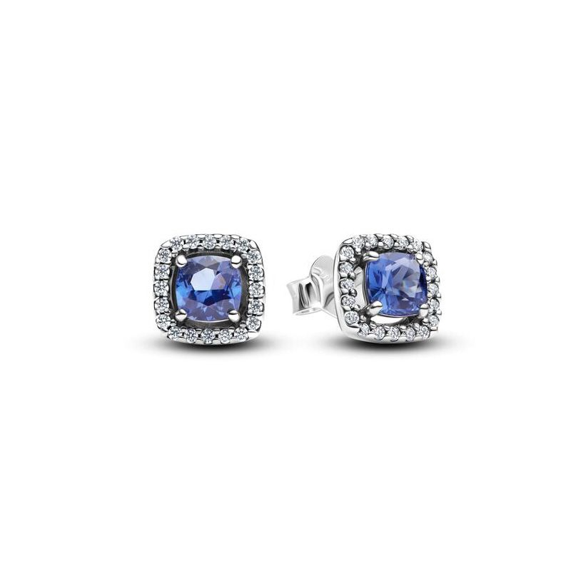 Boucles d'oreilles femme puces pandora argent 925/1000 halo bleu carré scintillant 293551c01 - puces - edora