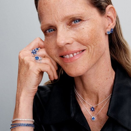 Boucles d'oreilles femme puces pandora argent 925/1000 halo bleu carré scintillant 293551c01 – puces