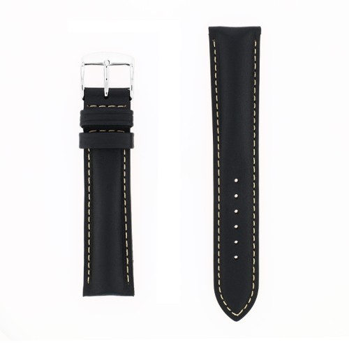 Bracelet Cuir Veau déperlant Mat IBIZA 20/18mm Noir Couture Ecru Doublure Veau déperlant