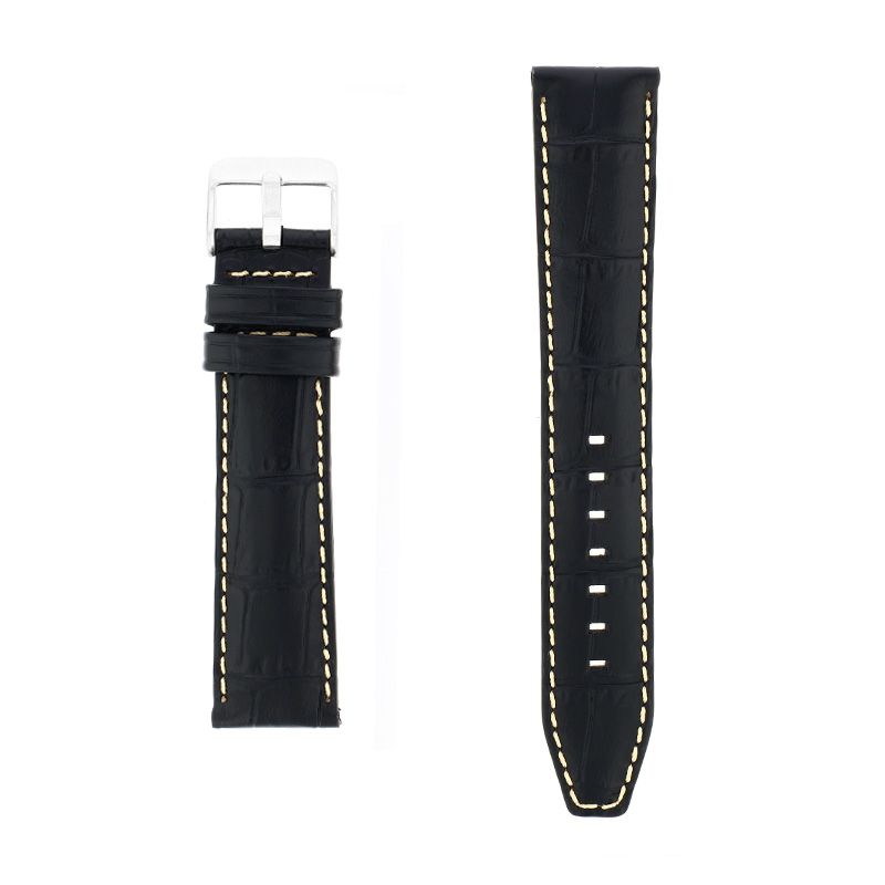 Bracelet cuir veau grain alligator mat écaille carrée indiana 20/18mm noir couture sellier ecru doublure veau déperlant - bracelets - edora