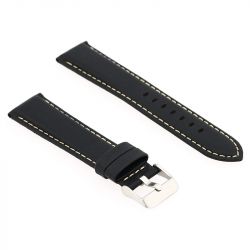 Bracelet cuir taureau mat aviator 20/18mm noir couture sellier ecru doublure veau déperlant - bracelets - edora - 1