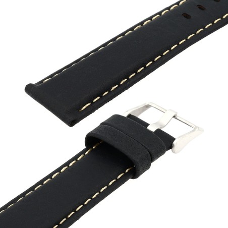 Bracelet cuir taureau mat aviator 20/18mm noir couture sellier ecru doublure veau déperlant – bracelets montre