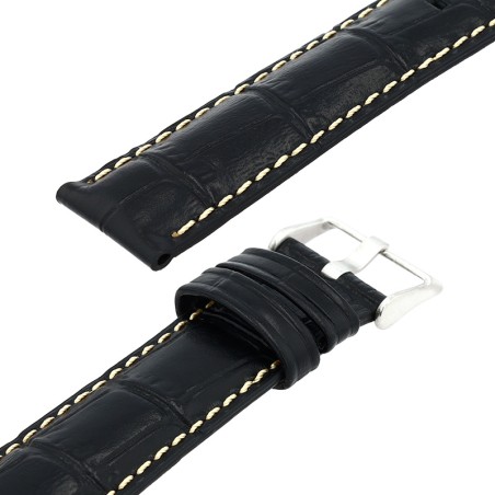 Bracelet cuir veau grain alligator mat écaille carrée indiana 20/18mm noir couture sellier ecru doublure veau déperlant – bracelets montre