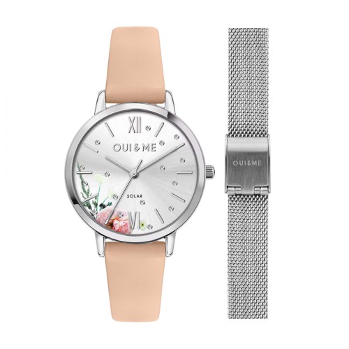 Montre Coffret Femme Solaire OUI&ME Cuir Rose et Acier Argenté ME010373