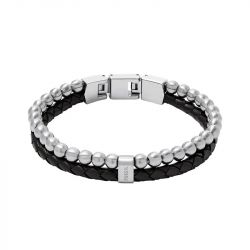 Bracelet homme fossil jewelry acier argenté et cuir noir jf04855040 - bracelet-fossil-homme - edora - 0