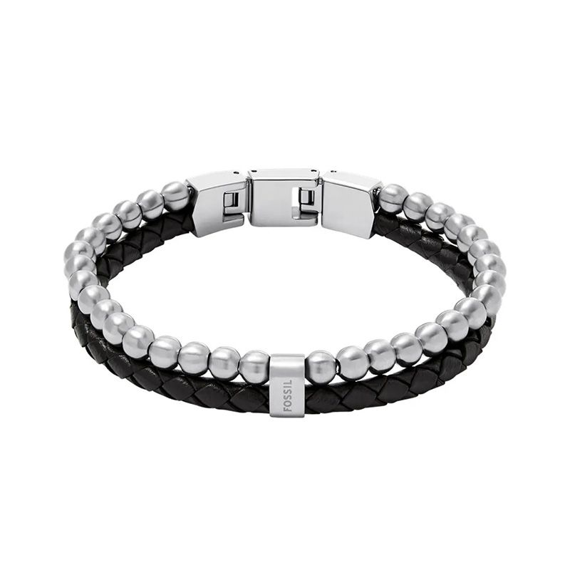 Bracelet homme fossil jewelry acier argenté et cuir noir jf04855040 - bracelet-fossil-homme - edora