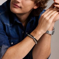 Bracelet homme fossil jewelry acier argenté et cuir noir jf04855040 - bracelet-fossil-homme - edora - 1