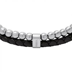 Bracelet homme fossil jewelry acier argenté et cuir noir jf04855040 - bracelet-fossil-homme - edora - 2