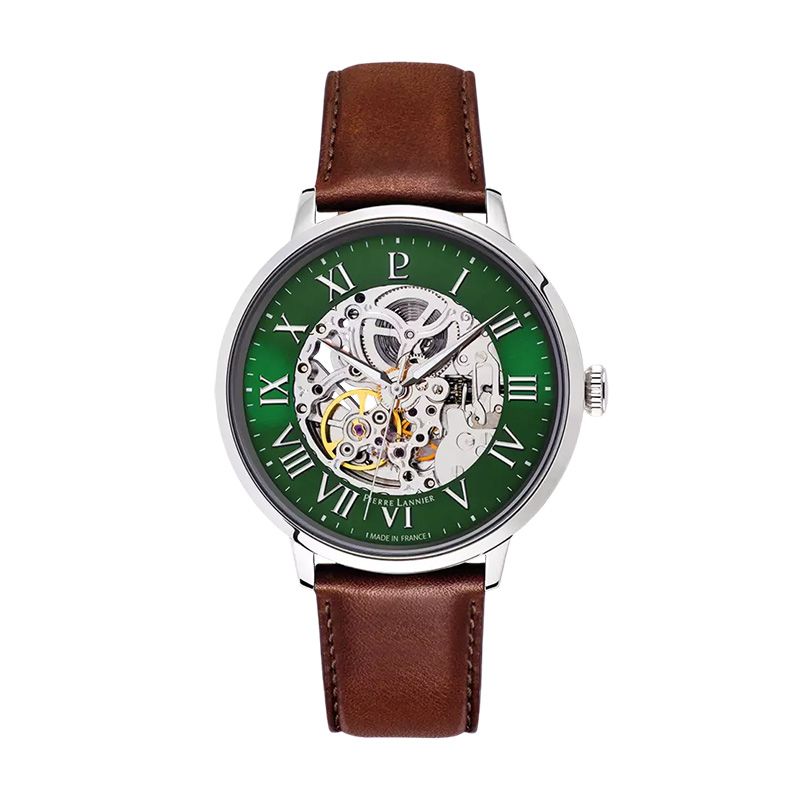 Montre homme pierre lannier automatic argenté cadran vert bracelet cuir brun 323d174 - montres-homme - edora
