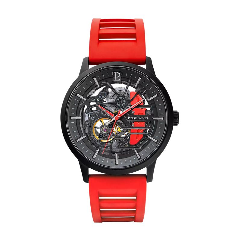 Montre homme pierre lannier paddock noir cadran noir bracelet caoutchouc rouge 341a459 - montres-homme - edora
