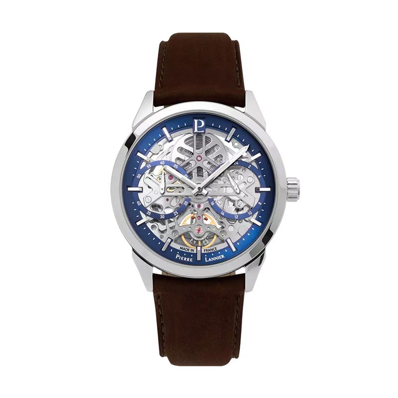 Montre homme pierre lannier monarck argenté cadran bleu bracelet cuir brun 346a164 - montres-homme - edora