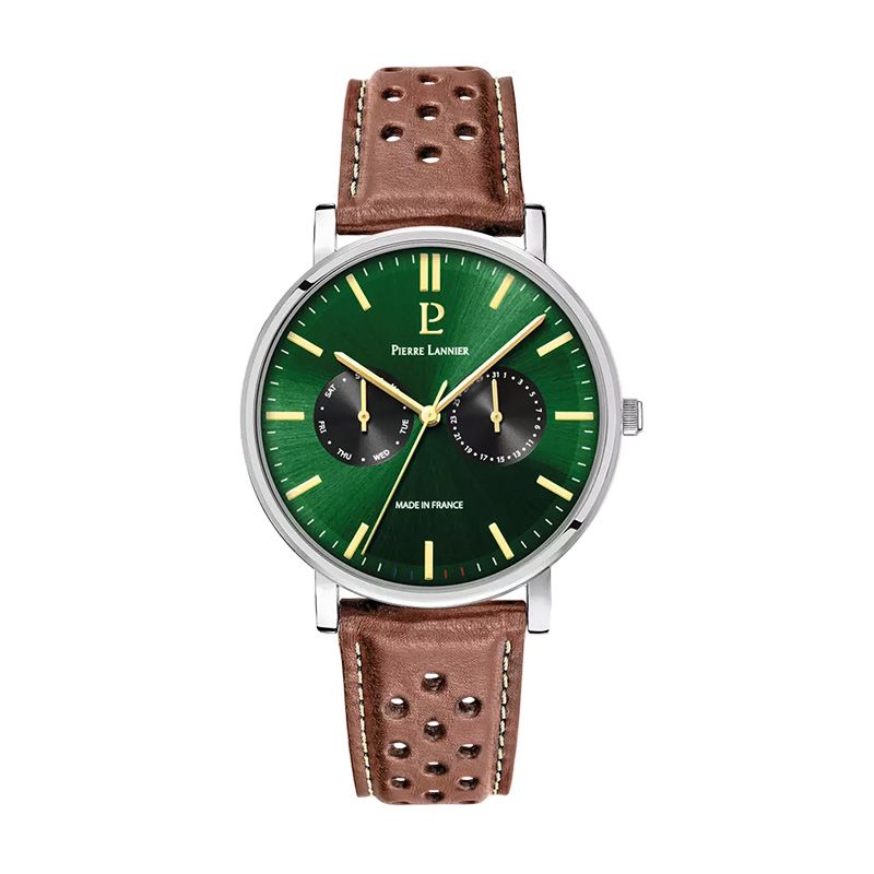 Coffret homme pierre lannier essential argenté cadran vert bracelet cuir perforé brun 387d174 - montres-homme - edora