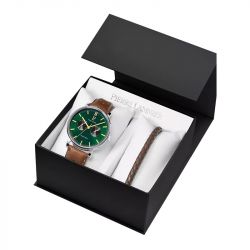 Coffret homme pierre lannier essential argenté cadran vert bracelet cuir perforé brun 387d174 - montres-homme - edora - 2