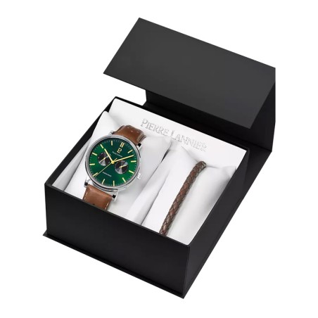 Coffret homme pierre lannier essential argenté cadran vert bracelet cuir perforé brun 387d174 – montres françaises