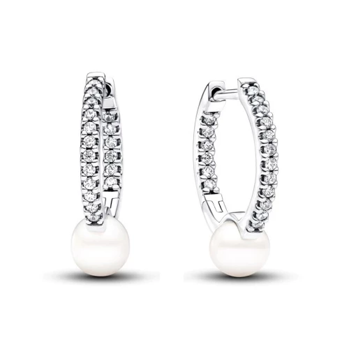 Boucles d'Oreilles Créoles Femme Pandora Timeless Perle de Culture d'Eau Douce Traitée & Pavé 293171C01