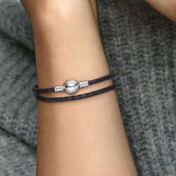 Bracelet femme pandora moments double en cuir noir 590745cbk - bracelet-cuir-femme - edora - 4