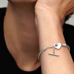 Bracelet femme pandora moments maille serpent barre en t cœur 599285c00 - bracelet-argent-femme - edora - 1