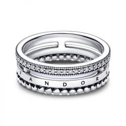 Bague femme pandora signature pavé & motifs perlés  192312c01 - bagues-femmes - edora - 0