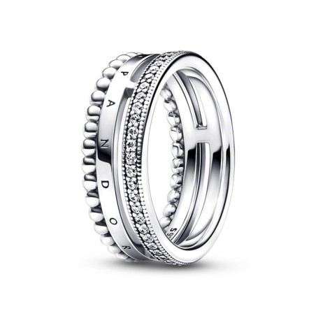 Bague femme pandora signature pavé &amp; motifs perlés  192312c01 – bagues femme