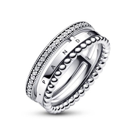Bague femme pandora signature pavé &amp; motifs perlés  192312c01 – bagues femme
