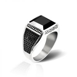 Bague homme chevalière rochet rock acier et onyx ha1562 - bague argent & or homme, bague homme - - bagues-homme - edora - 0