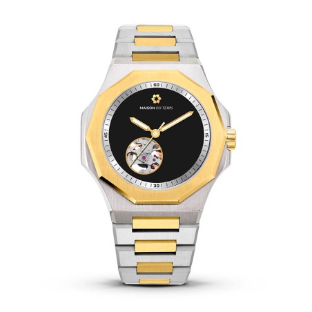 Montre homme automatique maison du temps mtzeta coeur ouvert noir doré jaune acier – montres homme