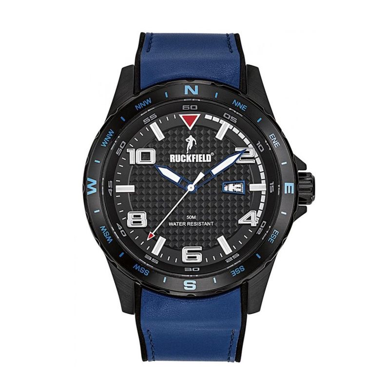 Montre homme analogique ruckfield metal noir cuir bleu 685053 - montres-homme - edora