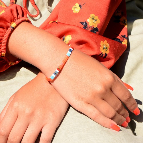 Bracelet Femme EDORA Perles Miyuki Tila Blanches, Oranges et Bleues TIBR012