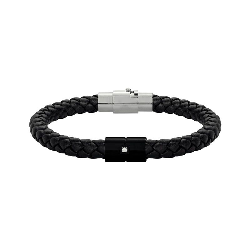 Bracelet homme phebus manuel acier, cuir noir et diamant 50300006 - bracelet-cuir-homme - edora