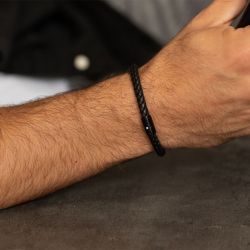 Bracelet homme phebus manuel acier, cuir noir et diamant 50300006 - bracelet-cuir-homme - edora - 1