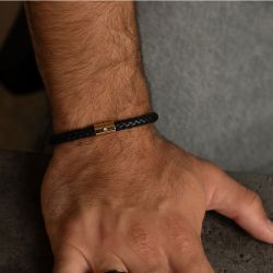 Bracelet homme phebus philippe acier, cuir noir et diamant  50300005 - bracelet-cuir-homme - edora - 1