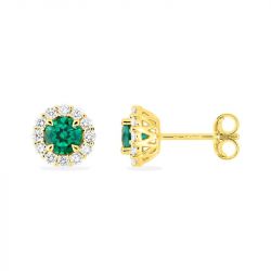 Boucles d'oreilles femme puces entourage edora or 375/1000 émeraude et diamants de synthèse 0,26 ct edo9klge107y - puces - edora - 0