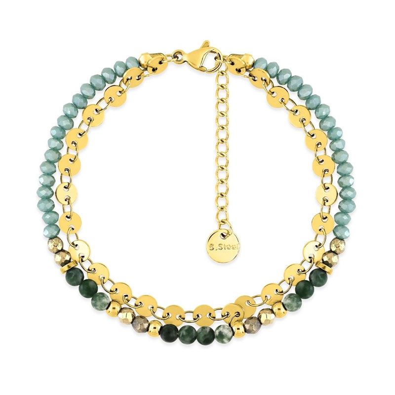 Bracelet femme double edora acier doré et cristaux turquoises et vertes edo433971 - bracelets-acier - edora