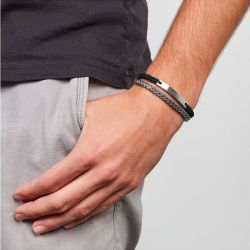 Bracelet homme fossil ellis à deux rangées acier argenté et nylon noir jf03325040 - bracelet-fossil-homme - edora - 1