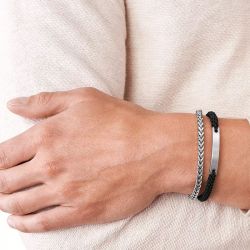 Bracelet homme fossil ellis à deux rangées acier argenté et nylon noir jf03325040 - bracelet-fossil-homme - edora - 3